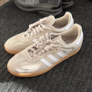 adidas Samba Leather Sneakers in Cream with White Stripes and Gum Sole